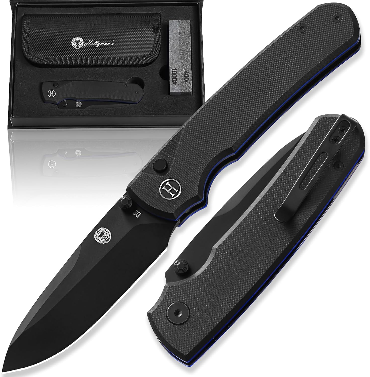 Holtzman's Gorilla Survival Loyalist Folding Pocket Knife with Sharpening Stone and Case (Black+Blue) - Perfect for Everyday Carry