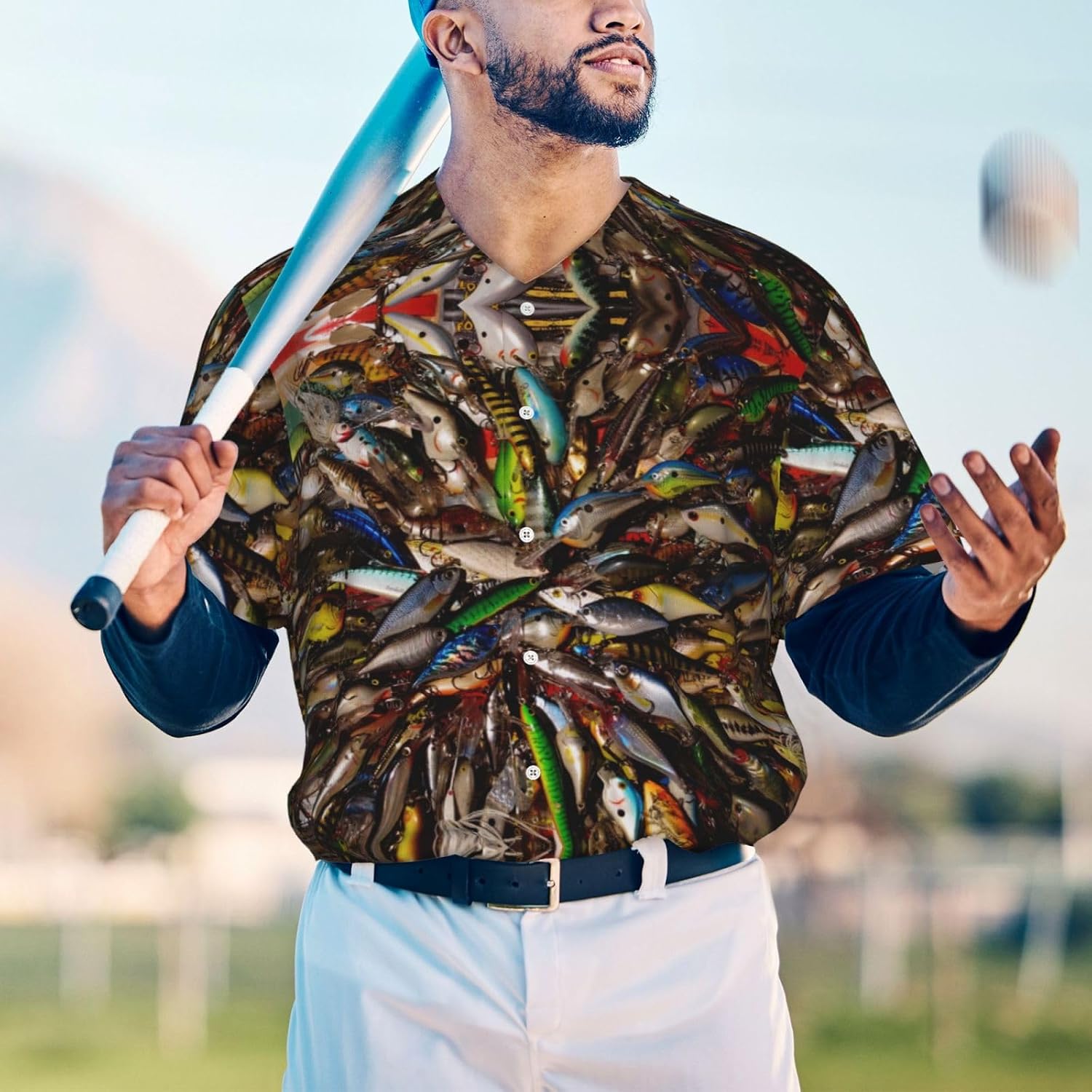 Fishing Bait Stylish Softball Jersey,Personalized and Breathable Baseball Button Down for Men for All Seasons and Occasions