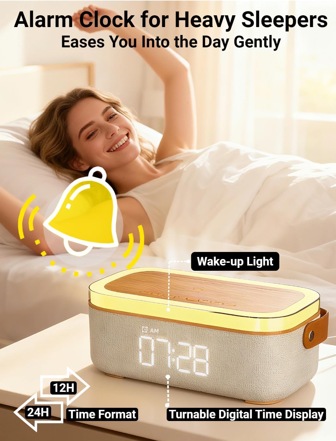 4-in-1 Bluetooth Alarm Clock for Bedroom Heavy Sleepers, 15W Wireless Charging Station with Sync Phone, Portable Bluetooth Speaker, Ambient Night Light, Trendy Room Decor Gift