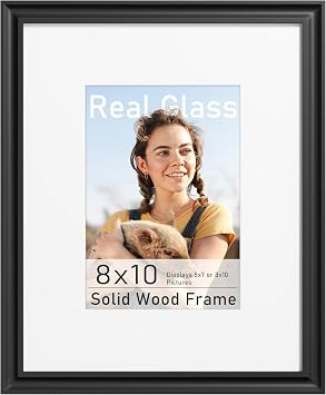 Abtgt 8x10 Picture Frame, Solid Wooden Picture Frame, with HD Tempered Glass and Black Backboard, Display 5x7 with Mat or 8x10 Without Mat, Wall or Tabletop, Black, 1 Pack