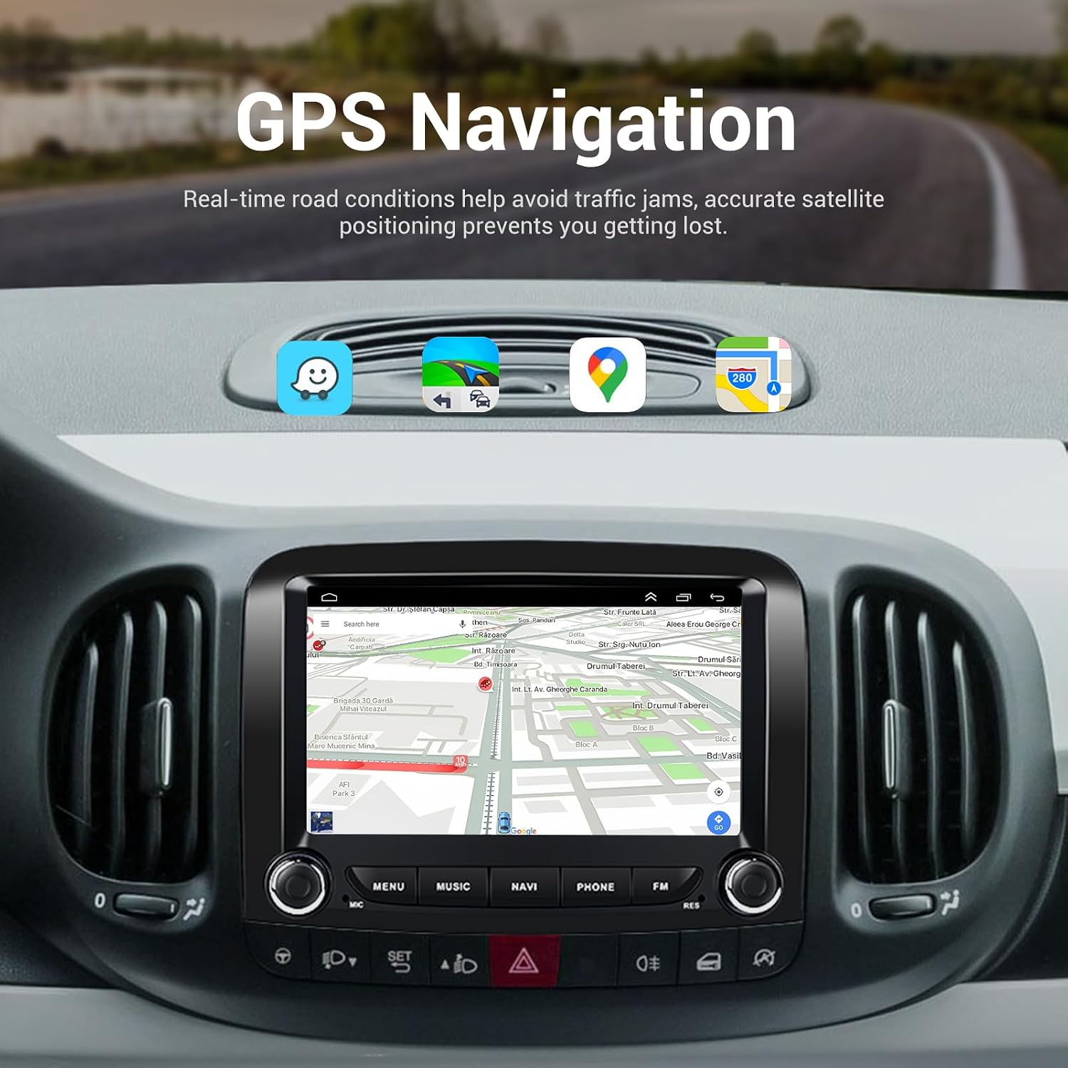 Car radio screen displaying a GPS navigation map with a route highlighted, showing real-time road conditions.