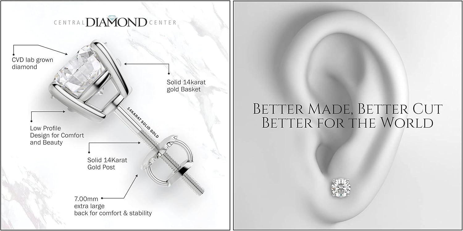 0.20ct to 2.00ct Round Diamond Stud Earrings Lab Created (G-H VS-SI) 14K Solid Gold Threaded or Friction