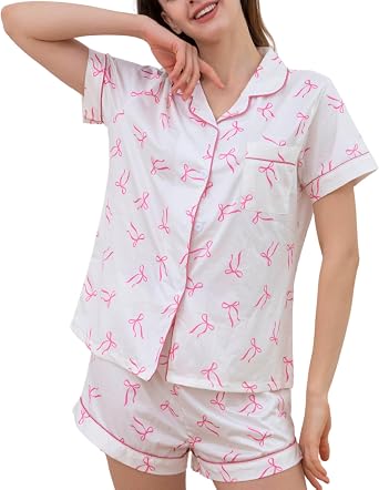Bow Pajama - Coquette Womens 2-Piece Pajama Set, Bow Graphic Short Sleeve Button-Down Lapel Shirt & Shorts