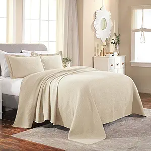 Superior Cotton Fleur De Lis Bedspread Set, Warm Blankets, All-Season Bedding, Bedroom Decor, Decorative Boho Medallion Coverlet, Includes 1 Bedspread, 1 Pillow Sham, Twin, Ivory