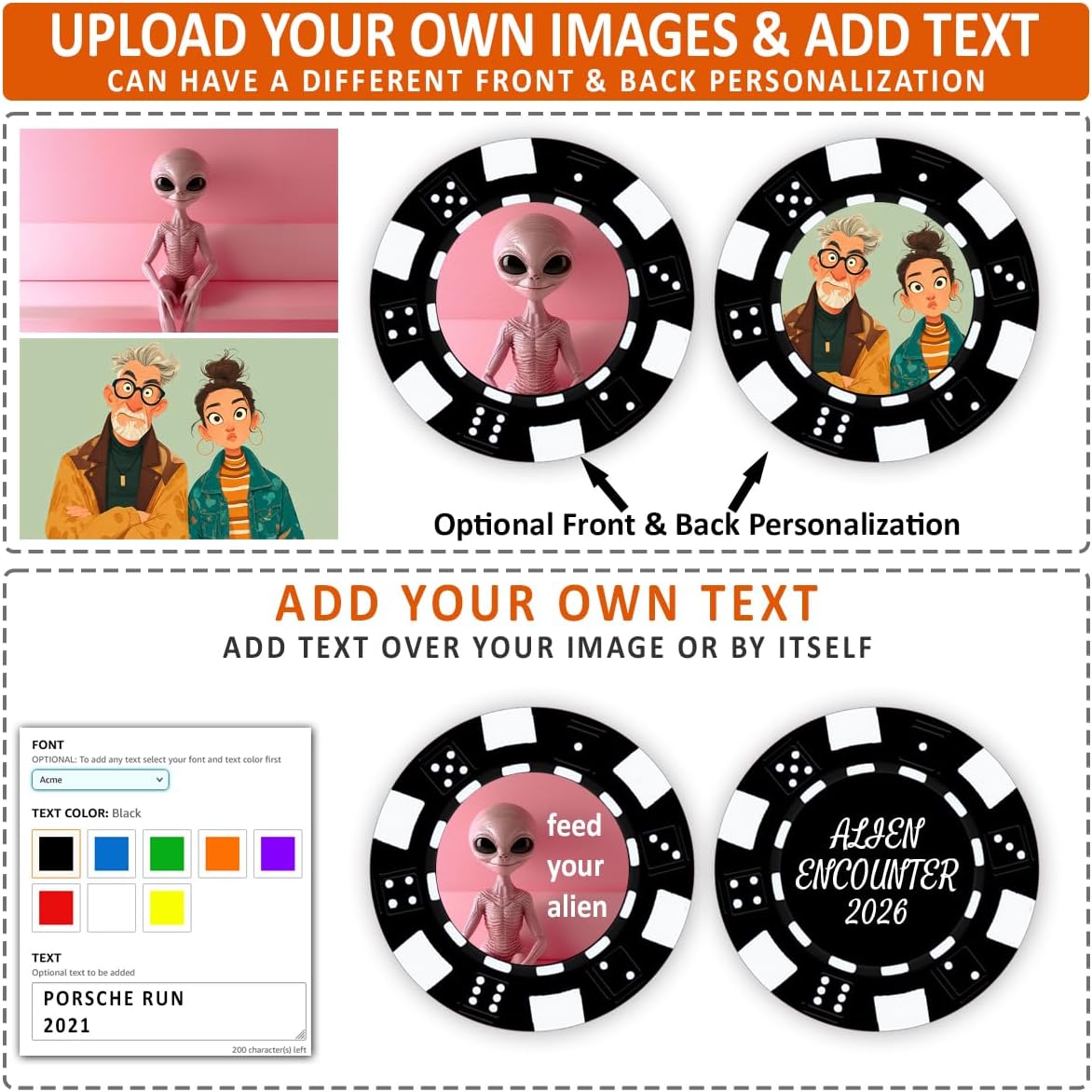 DA VINCI 100 Custom Poker Chips, Imprinted in Full Color with Your Image or Text - Heavy 11.5 gram Clay Composite Casino Sized Dice Striped Chips