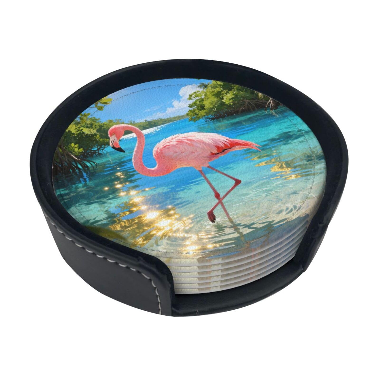 Caribbean Flamingos Leather Coasters-Set of 6 with Storage Holder