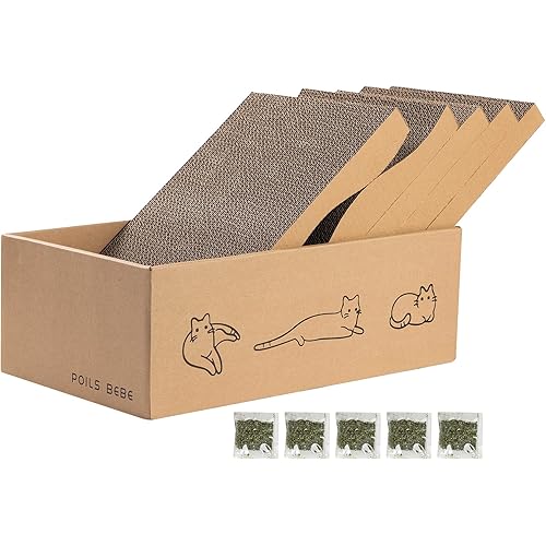 Poils bebe 5 PCS Cat Scratcher with Box, Reversible Cat Scratchers for Indoor Cats, Cardboard Cat Scratcher with Catnip, 2 Curved and 3 Flat Boards for Scratching Bed