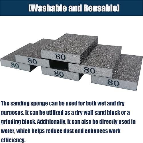 Miniatura 5 de Juego de 6 bloques de lijado manual de grano 80  esponja de lijadora mediana, esponjas de lijado de doble uso húmedo y seco, lavable y reutilizable,