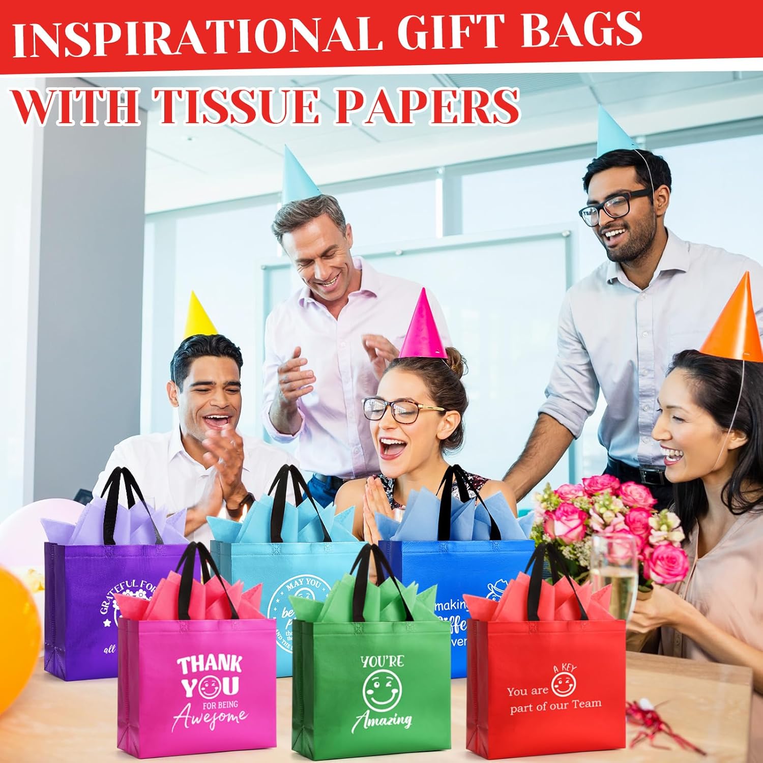 Sunnymove 24 Pcs Large Reusable Team Appreciation Gifts Bag with 24 Tissue Paper Bulk 13 x 11 x 4.7 Inch Non Woven Employee Appreciation Gift Bag with Handle for Coworker Teacher(Multicolor) - Image 4