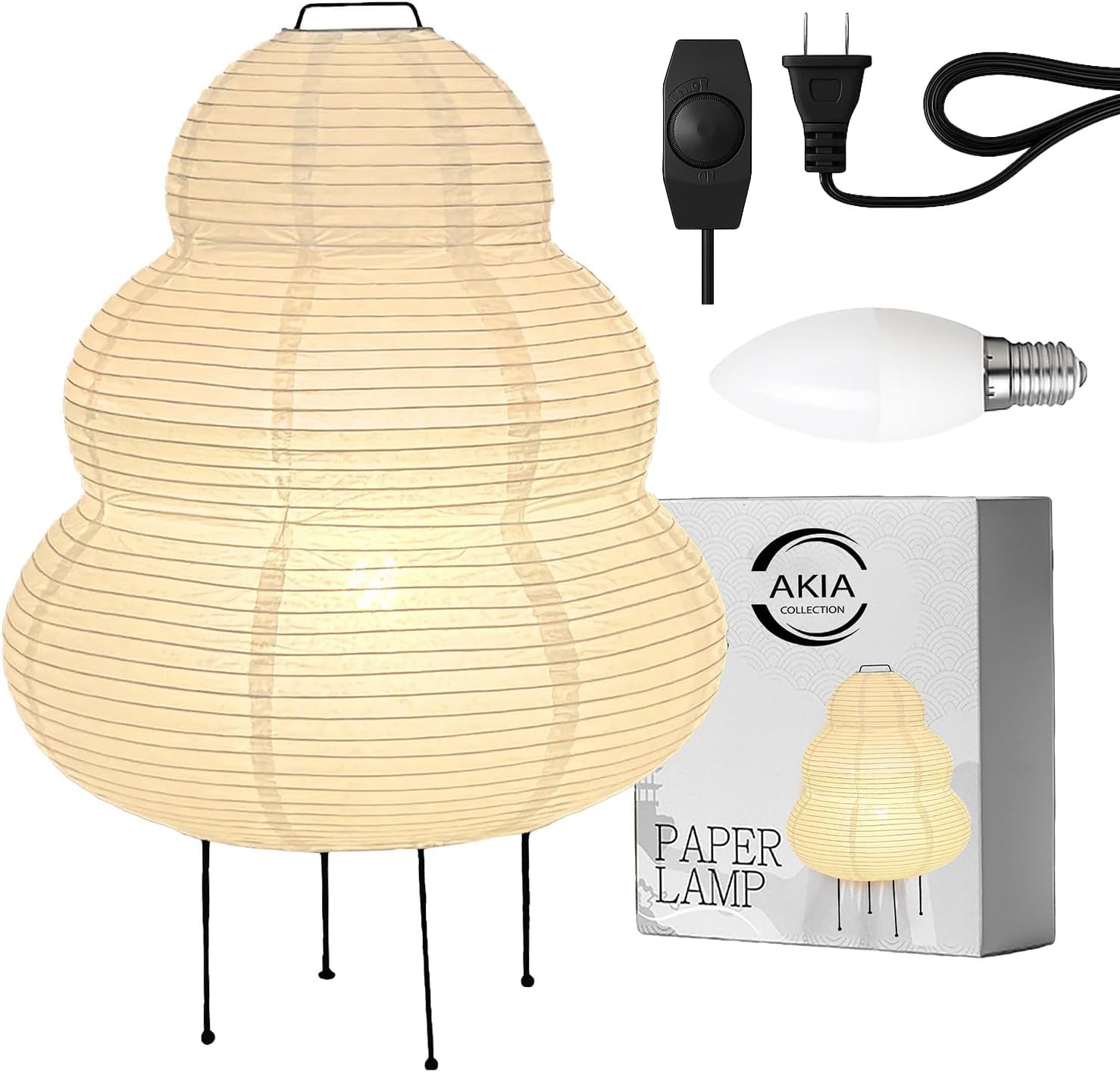 Japanese Rice Paper Lamp, Noguchi Style Lantern – Dimmable Floor Lamp with Washi Paper Shade, Bulb Included, Japandi Bedside & Desk Light