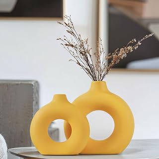 QIANLING Yellow Ceramic Vase Set of 2 - Yellow Vase Set for Home Decoration, Round Boho Vase for Pampas Grass and Flowers, Modern Living Room, Bedroom, Fireplace, Farmhouse and Centerpieces