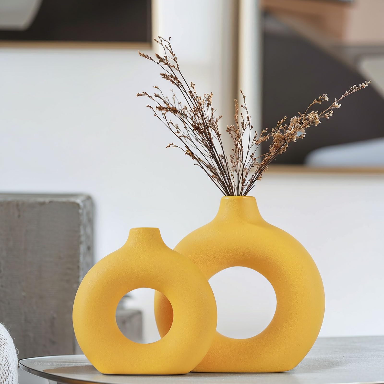 Yellow Ceramic Vase Set of 2 - Yellow Vase for Home Decor, Round Boho Vases for Pampas Grass and Flowers Decor, Modern Living Room, Bedroom, Fireplace