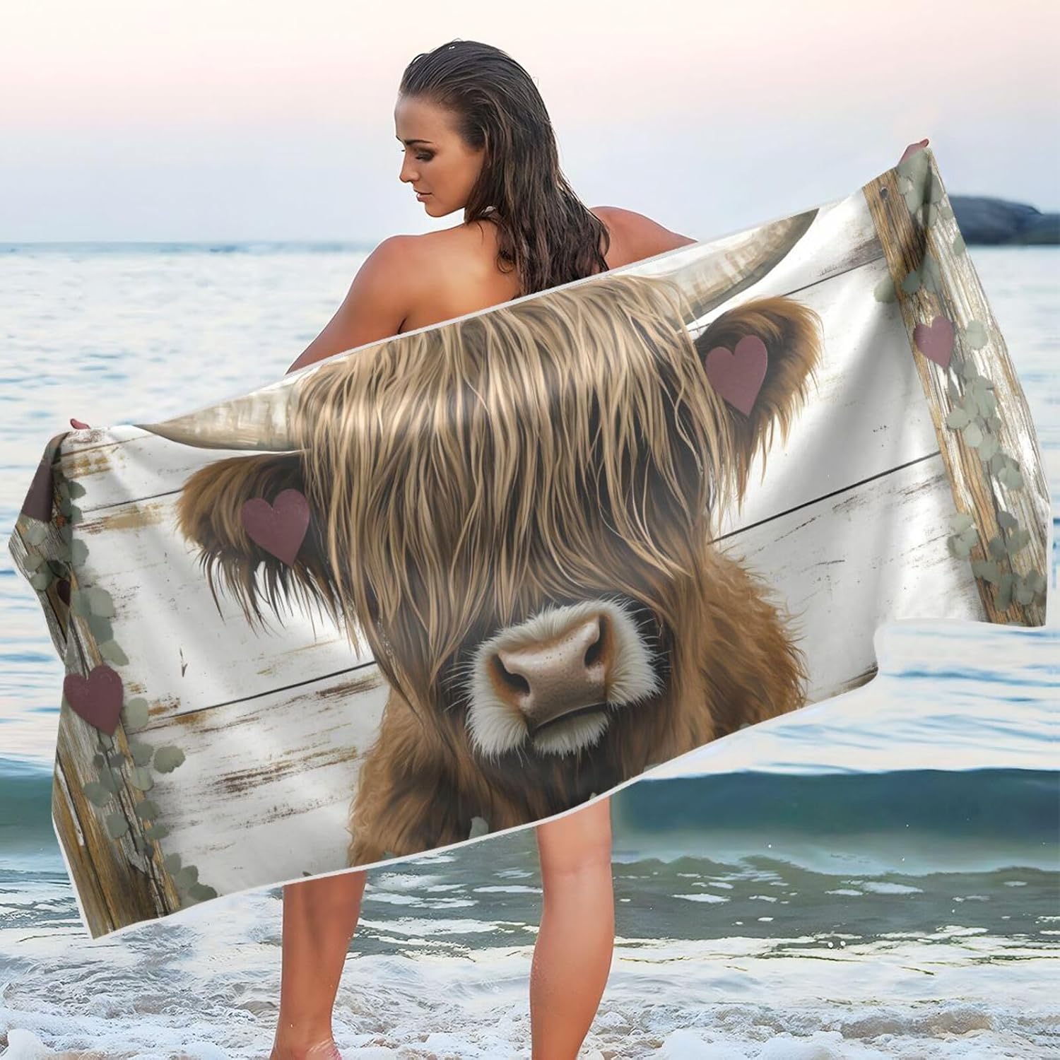 Microfiber Thin Lightweight Beach Towel Retro Highland Cow Board Quick Dry Pool Towels 31” x 71” Sand Free Absorbent Camping Yoga Towel for Swimming, Picnic, Gym