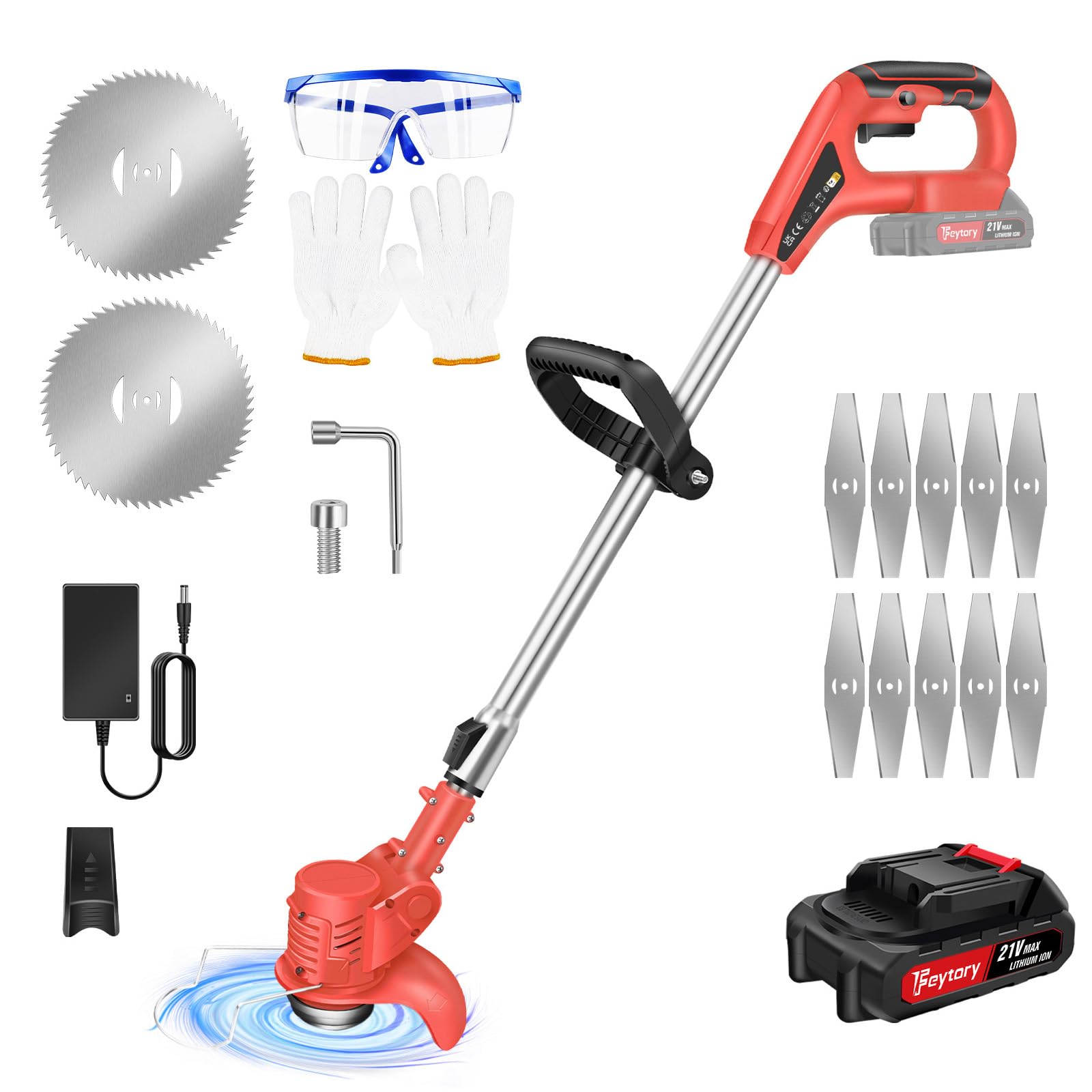 Tagliabordi a Batteria 21V, Tagliaerba Telescopico Leggero con 10 Lame in Metallo e Batteria da 1500 mAh, Tagliaerba Elettrico da Giardino per Potatura di Erbe Infestanti, Rosso