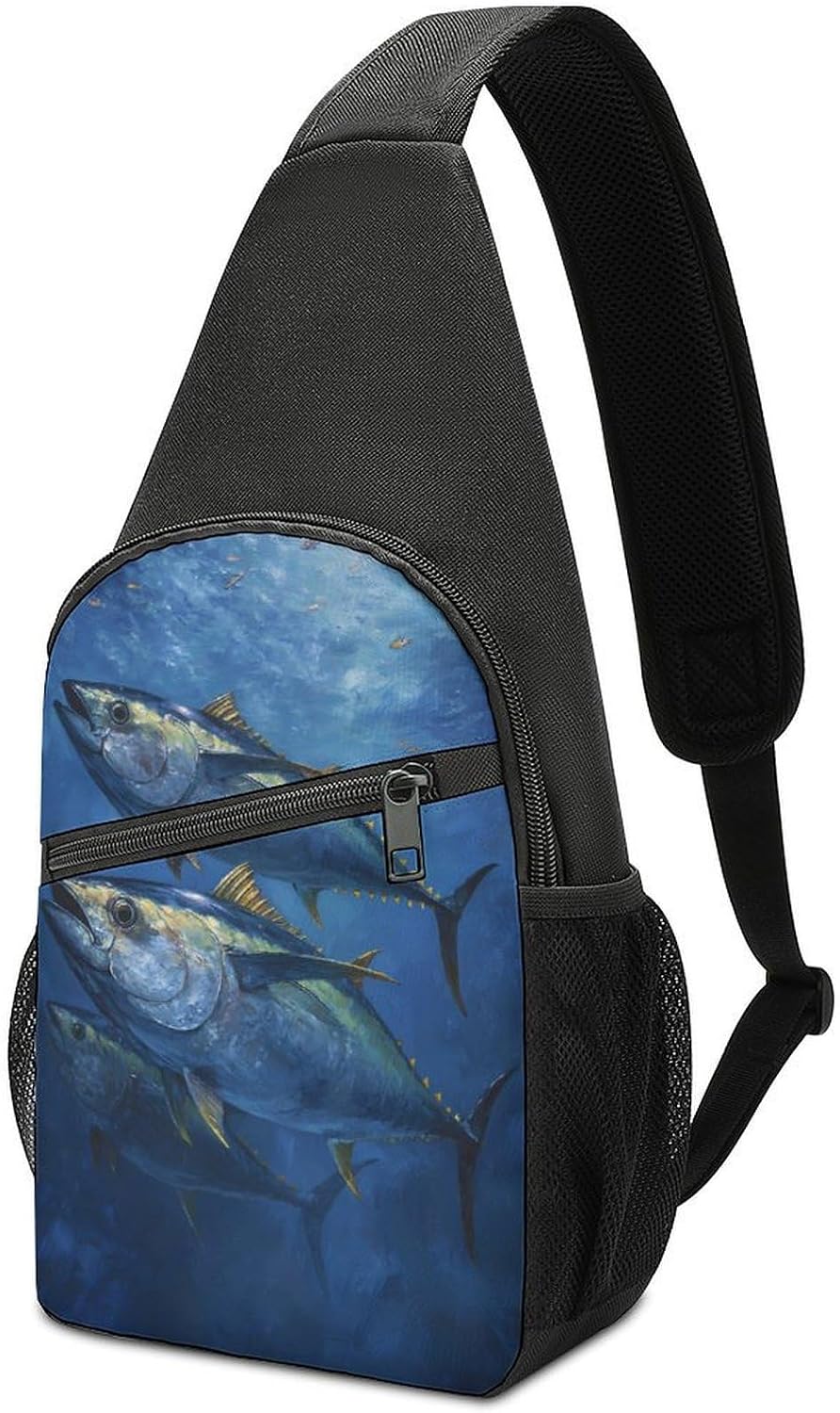 Tuna Fish in Ocean Crossbody Sling Backpack Chest Bag Daypack | unisex,trendy,with convertible and detachable shoulder strap,side pockets