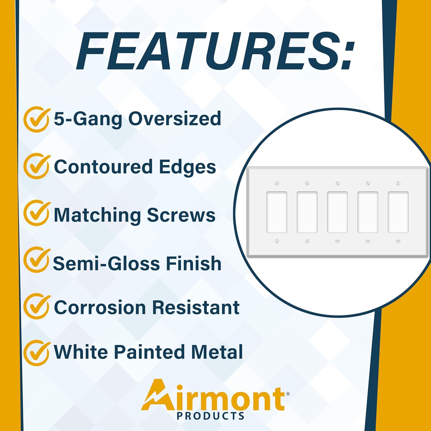 5-Gang Oversized White Metal Rocker Switch Wall Plate – 11.5" x 5.5" Jumbo GFCI Outlet Cover, Heavy-Duty Corrosion-Resistant Painted Steel, Universal Electrical Fit with Matching Screws, Made in USA