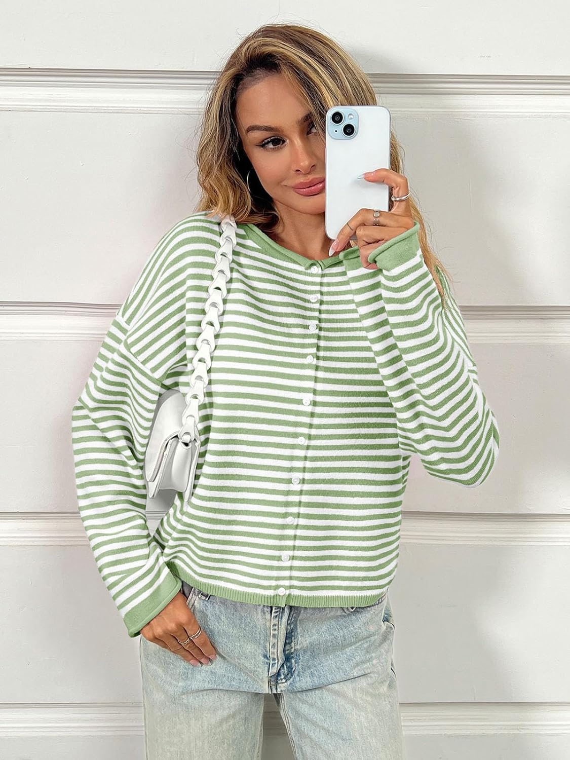 Saodimallsu Womens Striped Cardigan Casual Long Sleeve Open Front Button Down Loose Knit Lightweight Fall Sweaters - Image 5