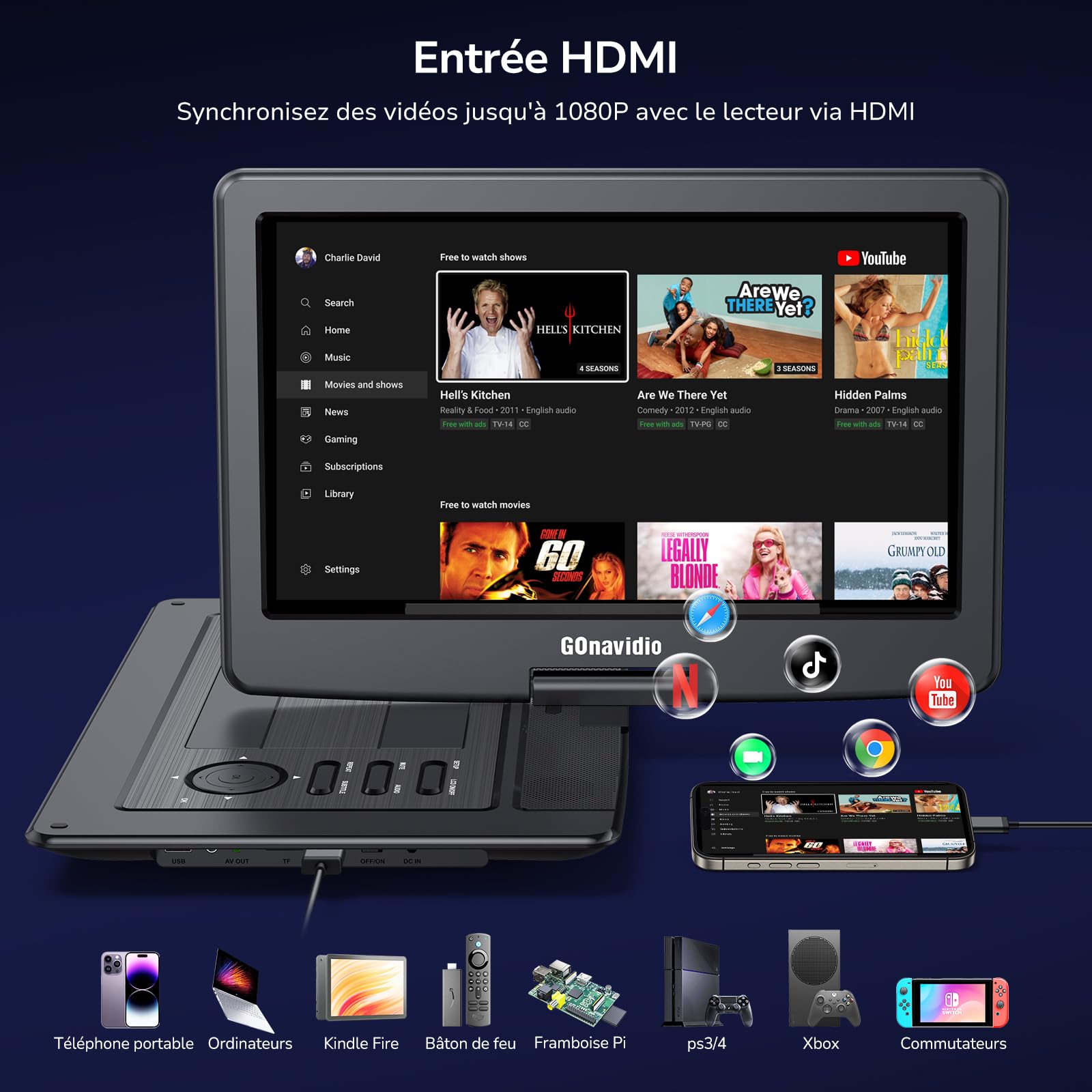 Lecteur DVD Portable 17.5" GOnavidio avec HDMI in, Batterie 6 Heures, AV in, USB/TF pour Enfant