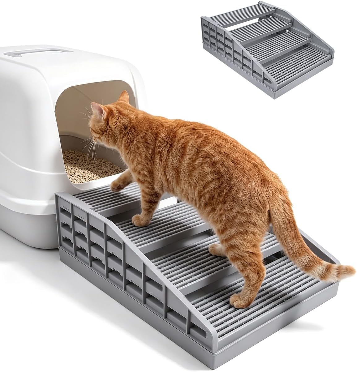 Adjustable Cat Stairs, Litter Box Step DIY Stackable with Litter Catcher & Anti-Tracking Grid, Non-Slip Cat Staircase for Senior Small Cats Kittens, Fit Most Litter Boxes (Grey)