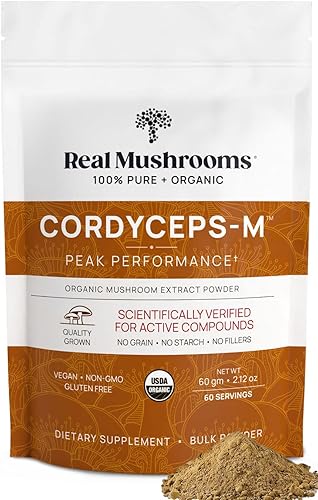 Real Mushrooms Cordyceps - Polvo de hongos Cordyceps orgánico para apoyar la energía y el bienestar, rico en beta-glucanos, sin OMG, suplemento