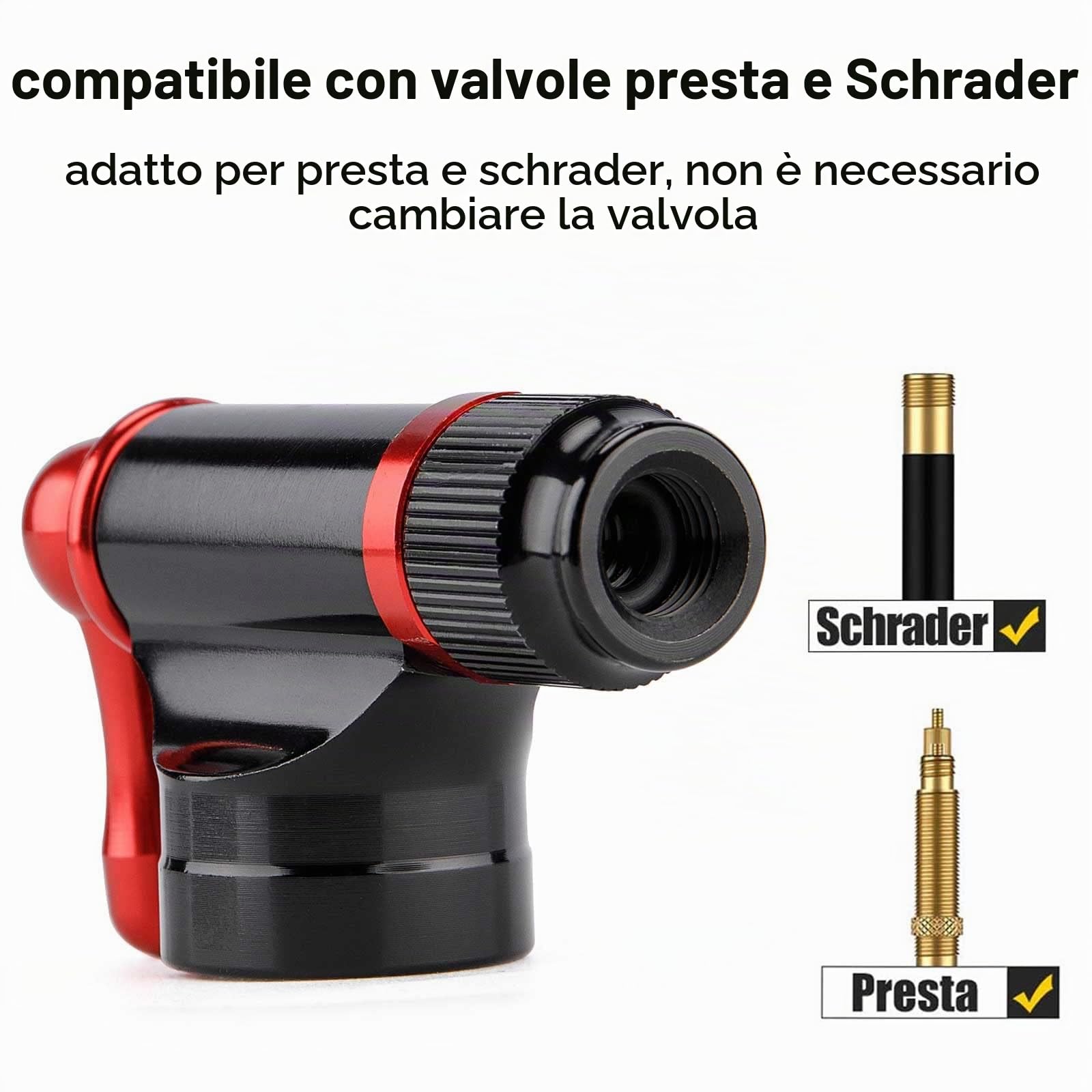 Pompa CO2 portatile Kit di gonfiaggio con cartucce 5x16g per pneumatici bici - Valvole Presta e Schrader