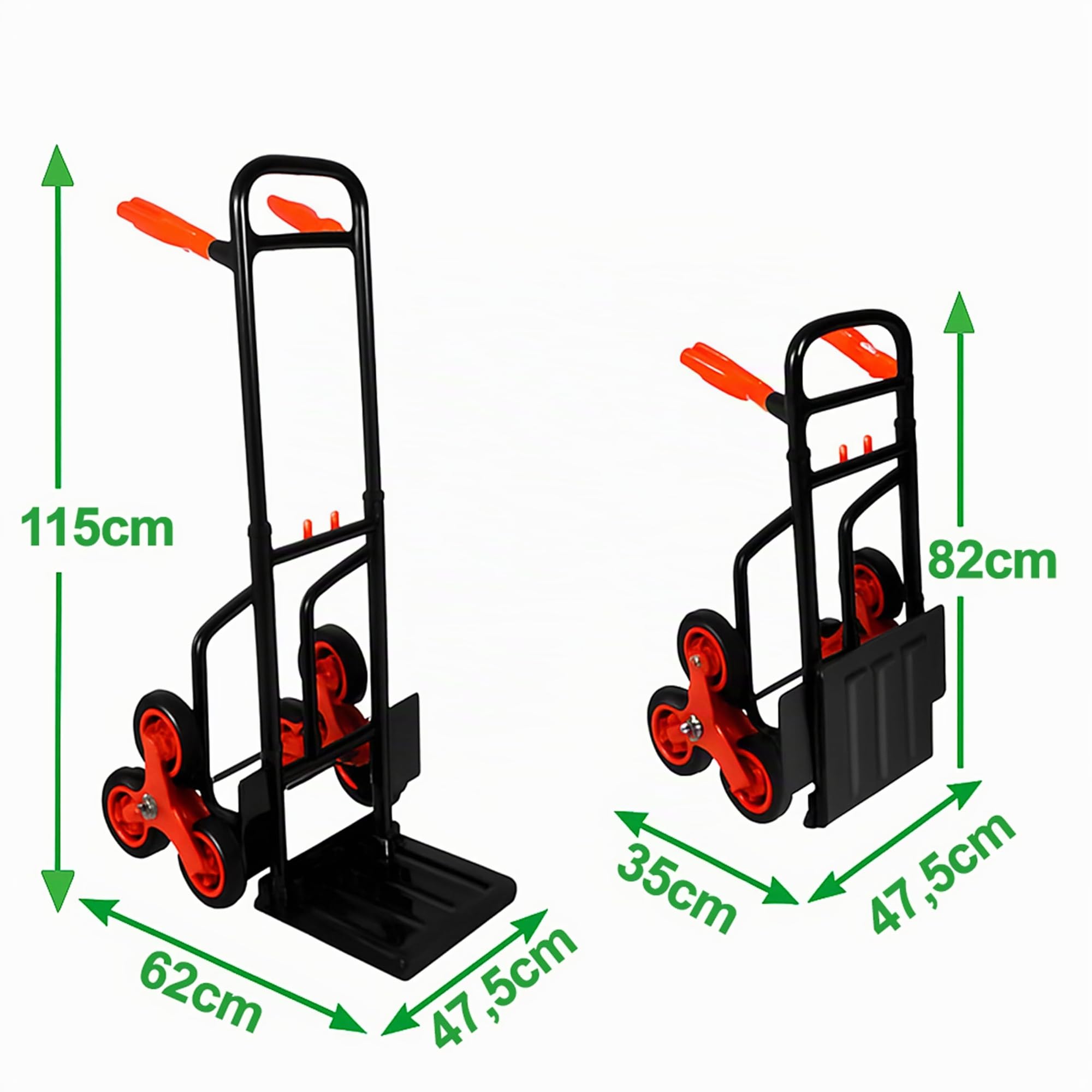 Ondis24 Klappbare Sackkarre mit Dreifachbereifung aus Stahl, 120 kg Tragkraft, Treppensteiger Transportkarre, Faltbarer Transportwagen für Umzug, Haushalt, robuste Treppenkarre mit 3-Rad-System (pro)