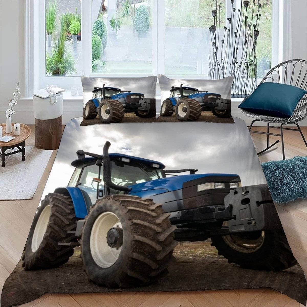 RFFLUX 3D Tractor King size Bedding Sets 3 Pieces 220x230 Ultra Soft Microfiber Farm Combine Harvester Duvet Cover with Zipper Closure Easy Care Quilt Cover with 2 Pillowcase for Adults Room Decor