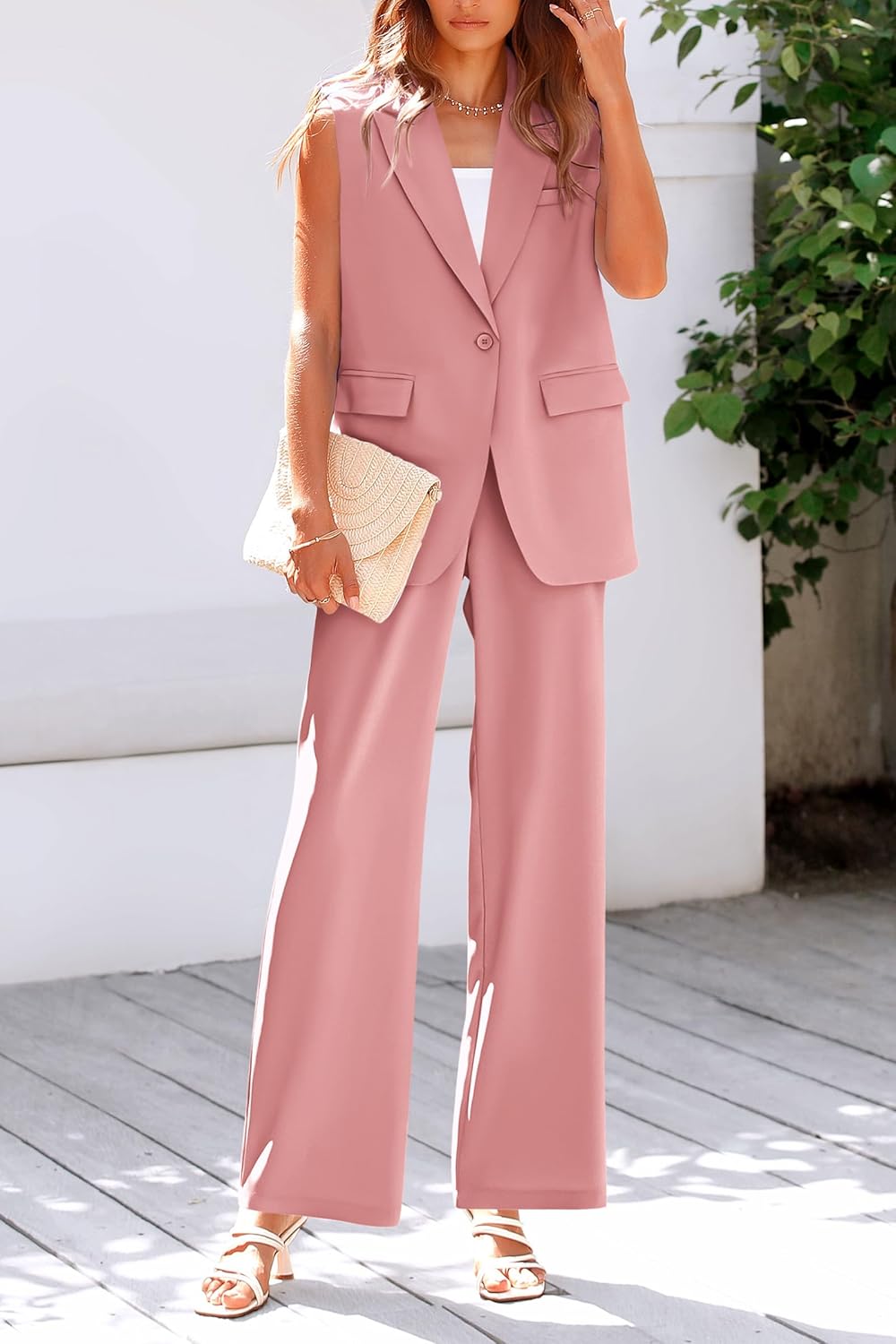 PRETTYGARDEN Women's Sleeveless Suit Vest and Wide Leg Pants Set