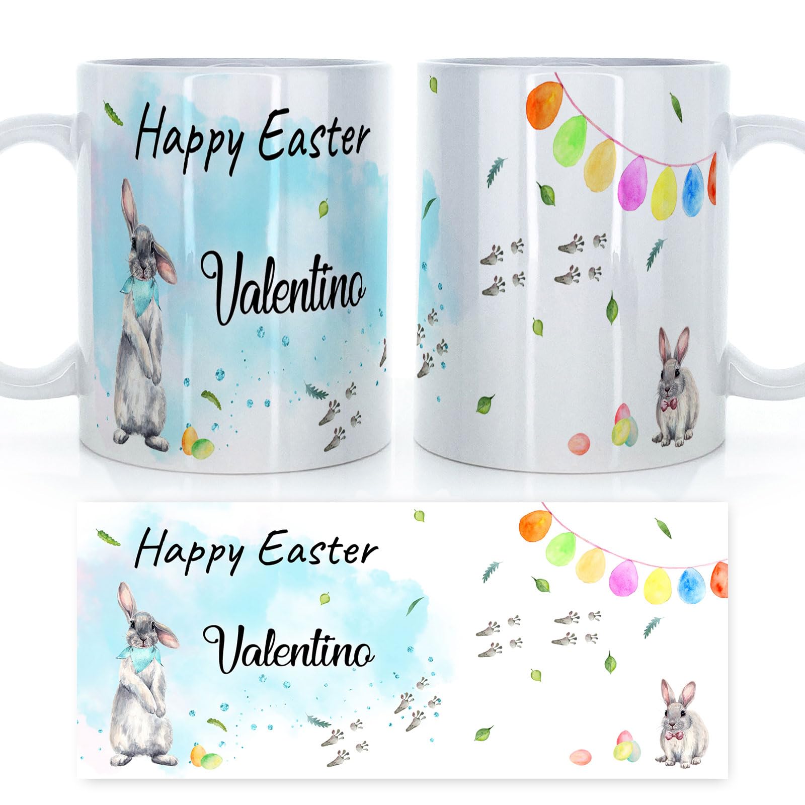 Personalised Mug and Belgian Milk Chocolate/Hot Chocolate Stirrer Marshmallow Gift Set, Customised with Name / Initials, (11oz) White, Blue, Black, Pink Mug with Blue Happy Easter Bunny Rabbit Design