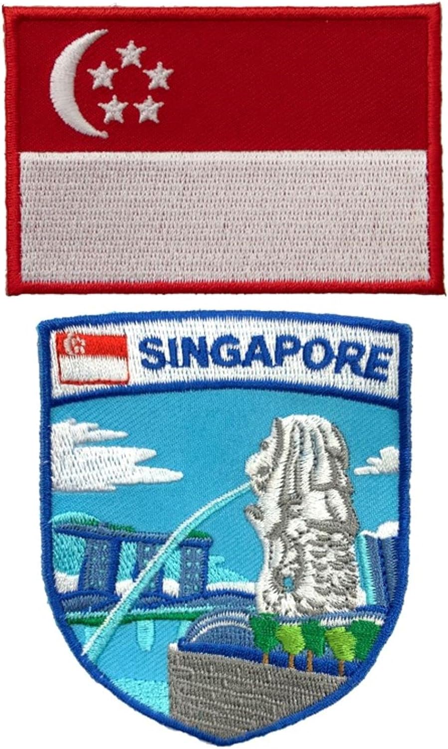 A-ONE 2 PCS Pack- Merlion Shiled Patch+Singapore Flag Applque, International Icon, Country Flag Patch, Travel Souvenir, Suitable for Bags and Clothes, Sew on, Iron on, Adhesive Applique NO.334C