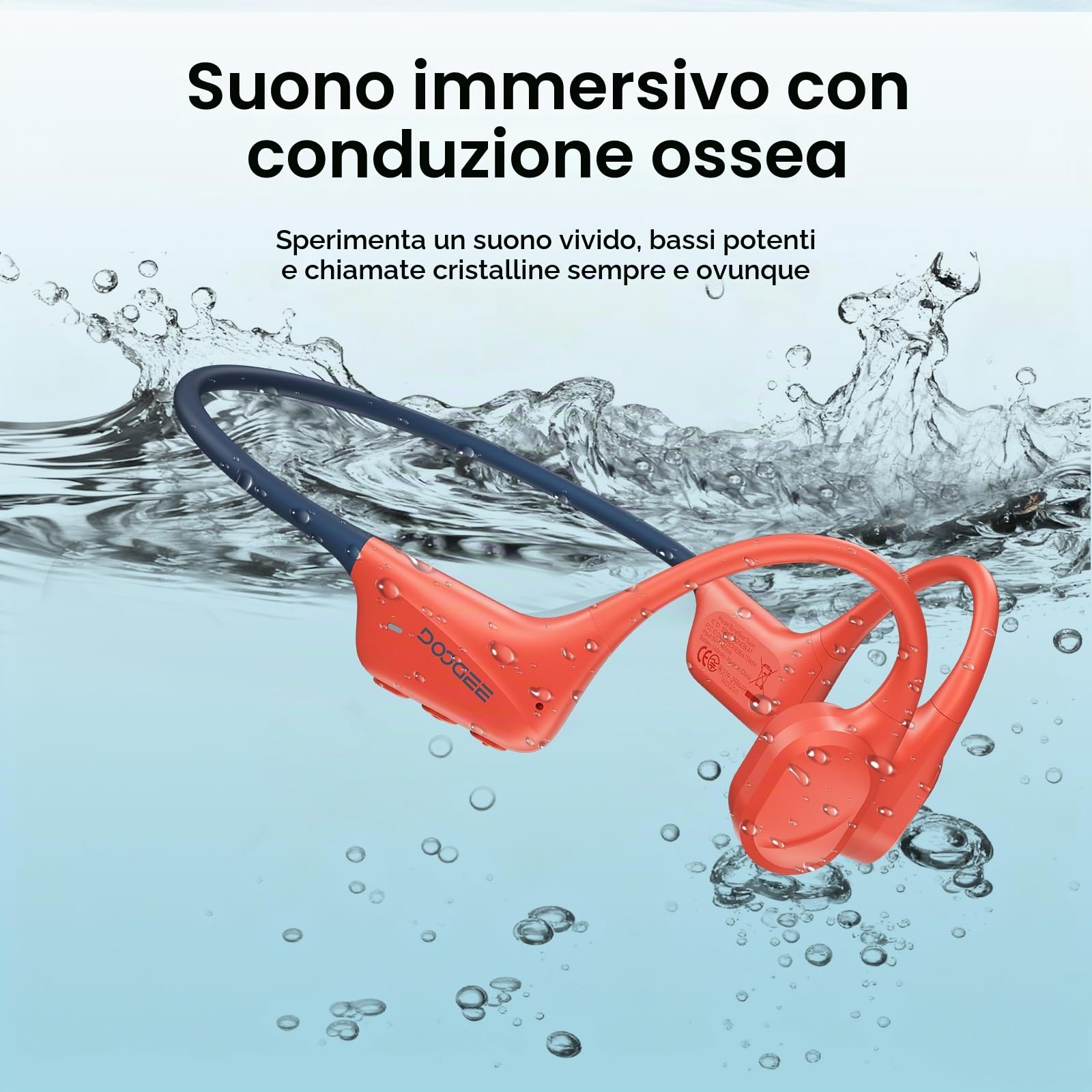 Cuffie Conduzione Ossea IP68 Impermeabili per Nuoto, Auricolari Sportive Bluetooth 5.4, MP3, 32GB, Comodo Silicone, Open-Ear per Corsa, Ciclismo, Palestra，rosso