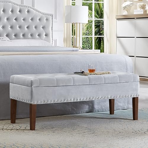 Miniatura 11 de 24KF Banco de almacenamiento tapizado de terciopelo con botones copetudos y clavos tachonados para sala de estar, color negro Banco de