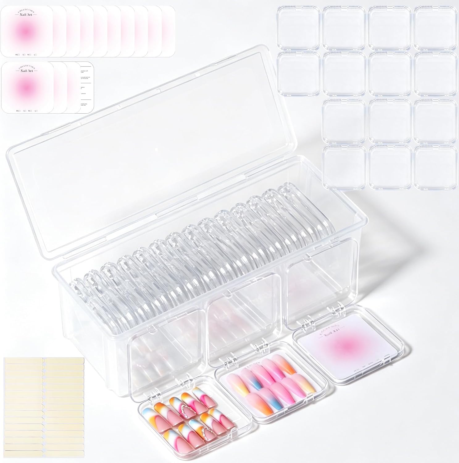 15PCS press-on nail storage set includes 1 Clear Organizer, 14 Nail Display Case Fake Nail Instructions and Double Sided Adhesive Artificial False Nail Box Acrylic Organizer Nail Case