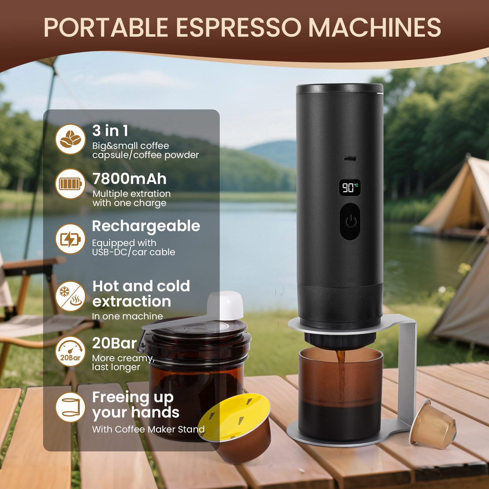 LAMA Machine à café portable, machine à expresso électrique avec Support, mini machine à capsules, compatible avec les capsules et le café moulu, chauffe instantanée, pour camping voyages, Noir