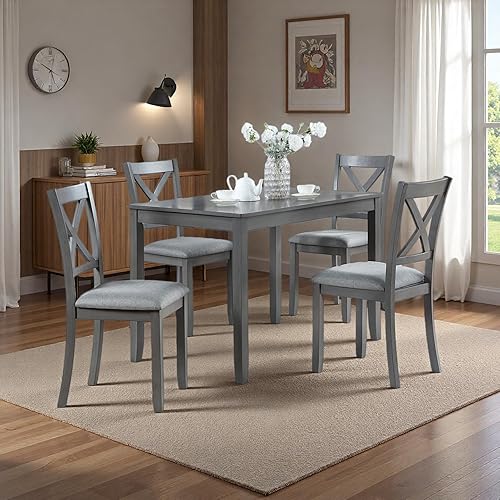 Miniatura 9 de Juego de mesa de comedor de 5 piezas estilo granja, mesa de cocina rectangular con 4 sillas tapizadas, juego de mesa de comedor rústica de 5 piezas