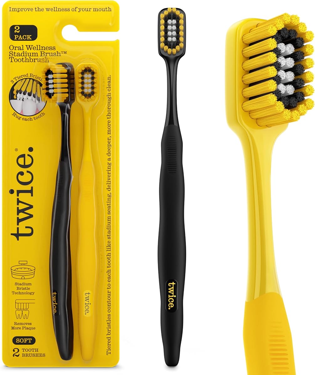 TWICE Soft Stadium Bristle Toothbrush – Innovative 3-Tier Soft Bristles that Helps Remove Plaque by Hugging to Teeth & Gums for a Deep Clean, 2 Count