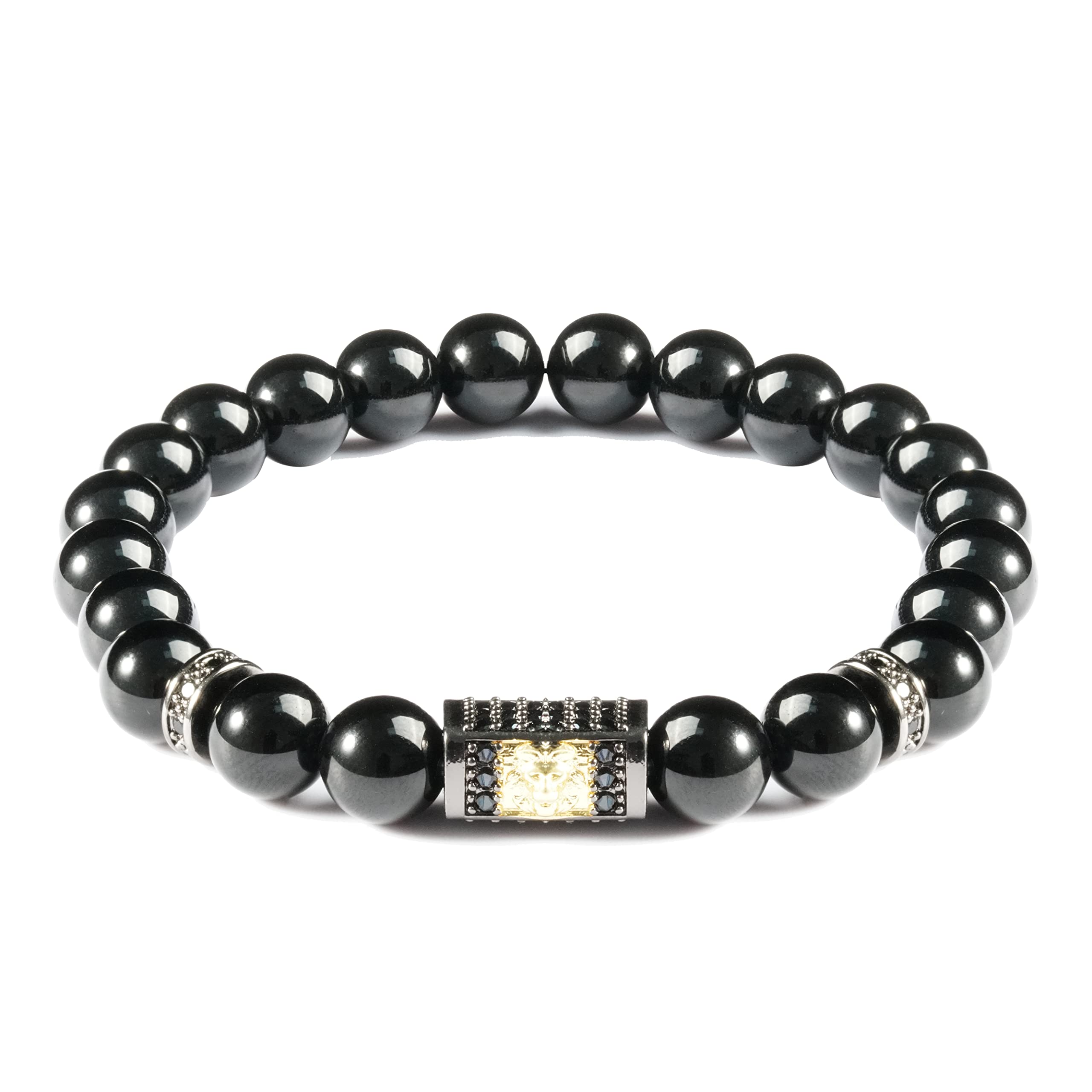 MEGAMUSPulsera Hombre, Piedras Naturales Pulsera, Cabeza de león de Acero Inoxidable, con cuenta de jaspe, para Hombre, Embalaje simple