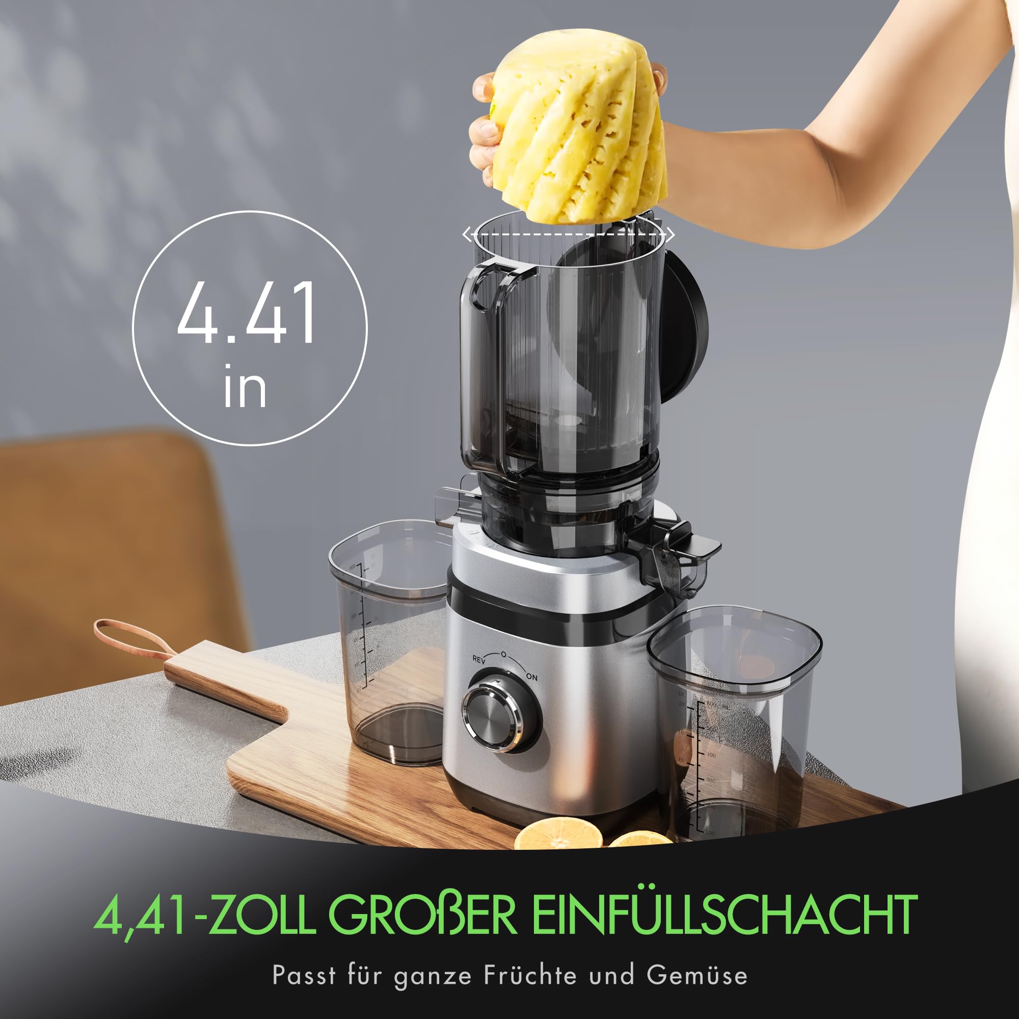 OYLCDI Estrattore Frutta e Verdura, Apertura Larga da 110mm per Ananas Intero, 350W Centrifuga Lenta, 99% Nutrienti Preservati, BPA Free, Facile da Smontare e Pulire, Argento