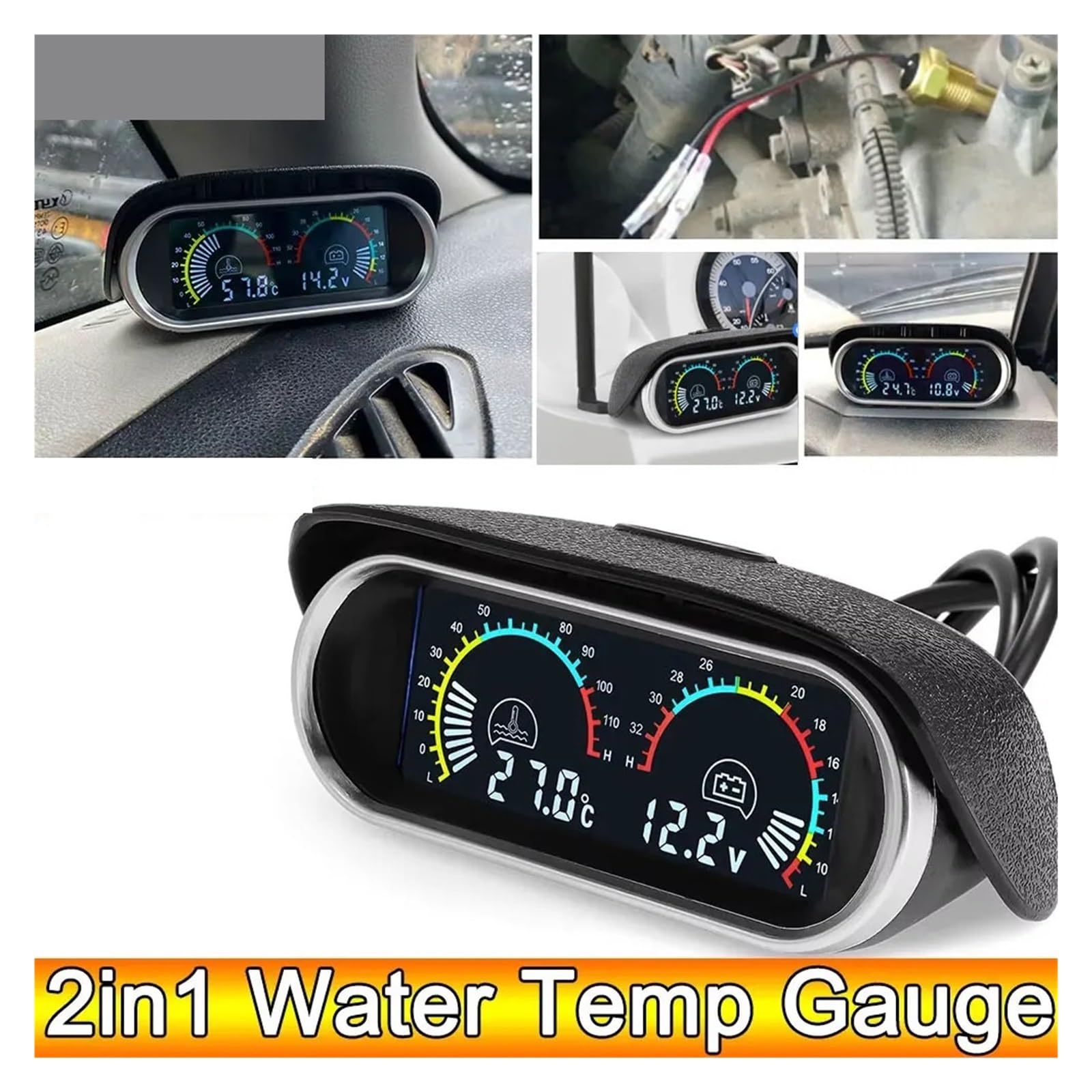 AD 2 En 1 LCD Indicador De Temperatura De Agua del Coche Sensor De Temperatura del Agua 10mm Medidor Voltímetro Voltaje Digital Horizontal 12v 24v Accesorios