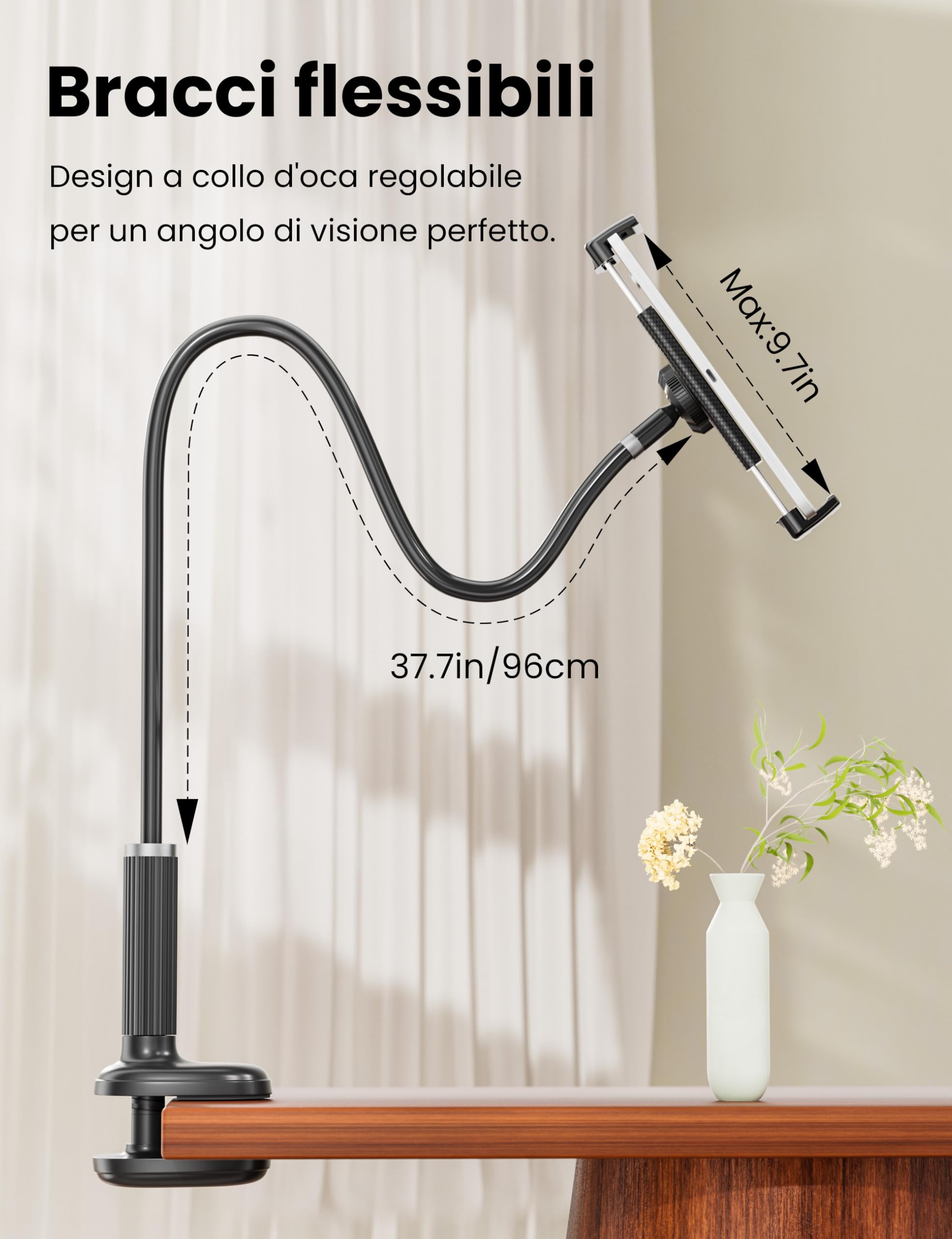 VOLTIFYMAX Supporto per Tablet con Gira Pagine Kindle, Braccio Regolabile a Cigno 4.7''-11''