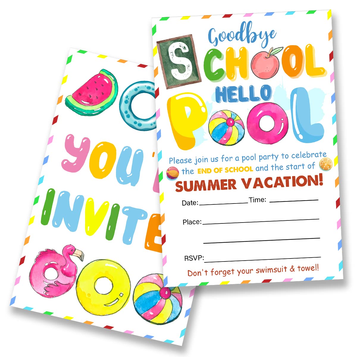 End of School Pool Party Invitations with Envelopes Set of 20, Goodbye School Hello Pool Summer Splish Splash Party Fill in Invites Cards (Double Sided)