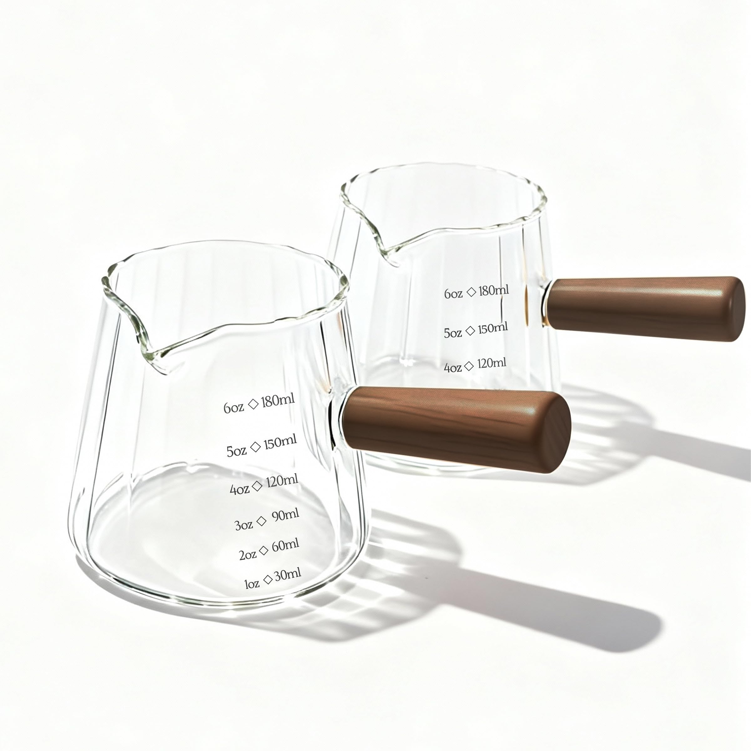 2Pcs Espresso Cup with Wood Handle, 180ml Glass Measuring Jug