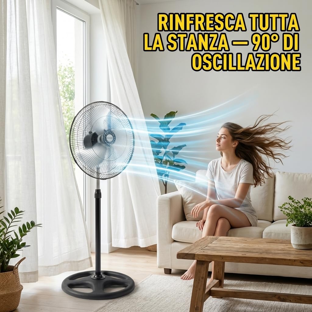 MAKA Ventilatore a Piantana Potente, Ventilatore Metallo 5 Pale, 75W, Basso Consumo, Oscillazione Orizzontale, Ventilatore da Terra Industriale Diametro 50cm, Regolabile Altezza Max 130 cm 3 Velocità