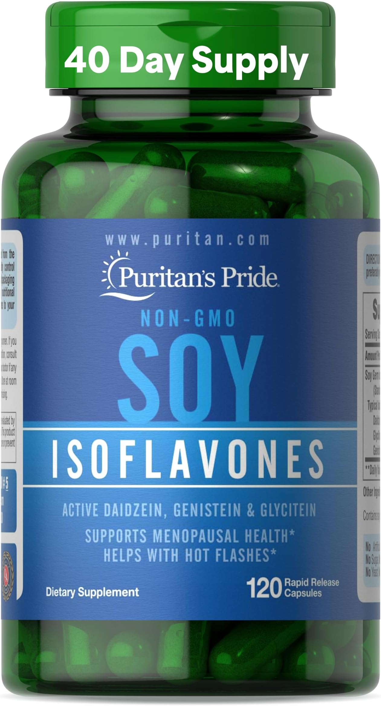Non-GMO Soy Isoflavones 750mg, Dietary Supplement with Active Daidzein, Genistein, and Glycitein Supports Menopause and Hot Flashes, 120 Rapid Release Capsules