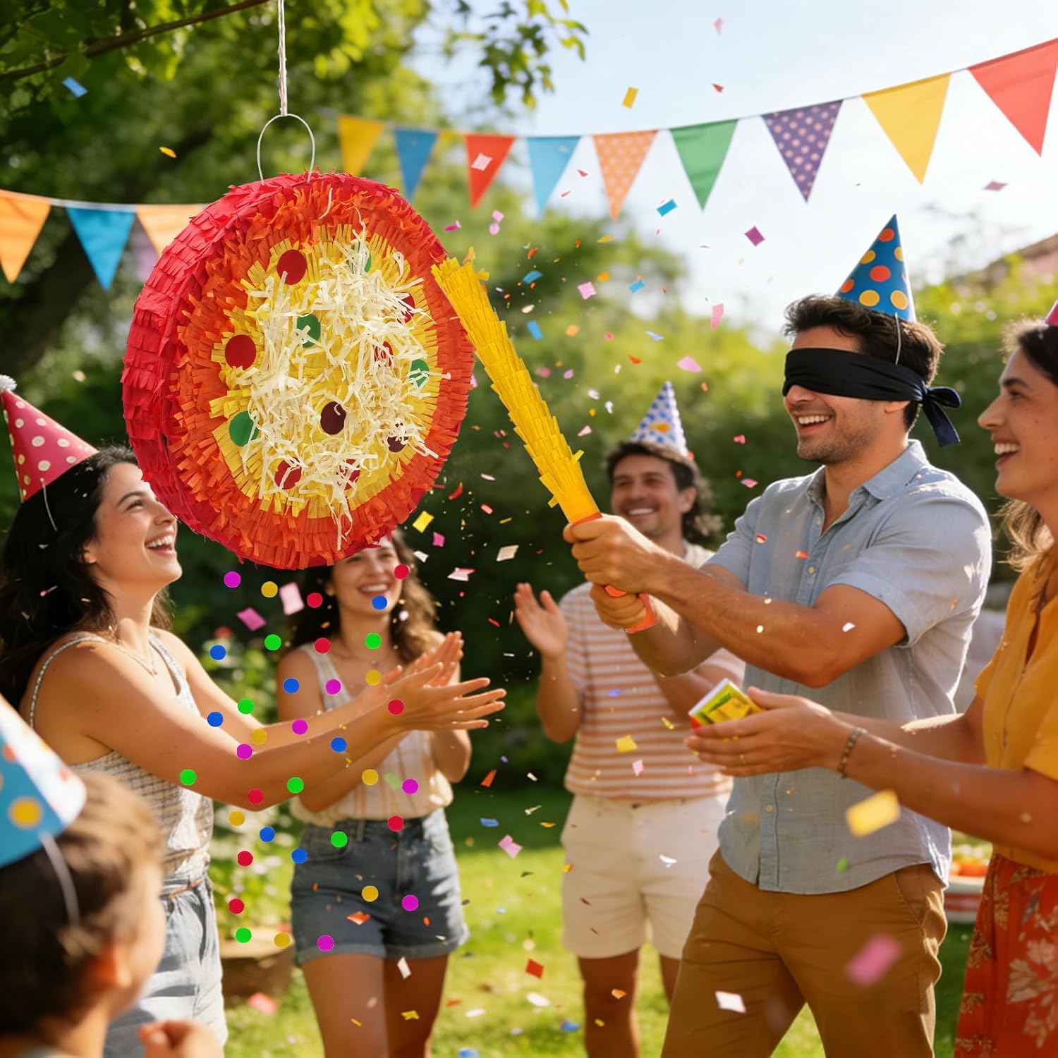 Round Pizza Pinata with Stick, Confetti, and Blindfold, Pizza Party Decorations For Kids Summer Food Themed Birthday Mexican Party Supplies
