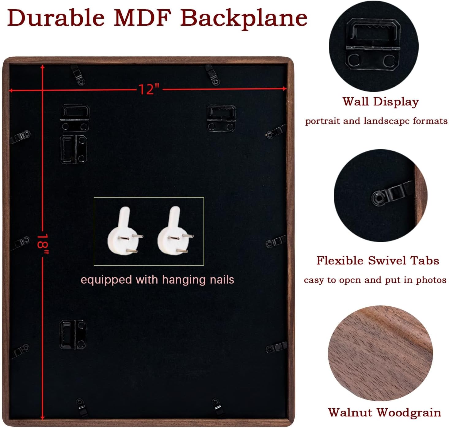 12x18 Frame Natural, Solid Walnut Wood 12 x 18 Poster Frame with Mat for 11 x 17 Image, Wall Gallery Mounting 18 x 12 Inch Large Picture Photo Frame