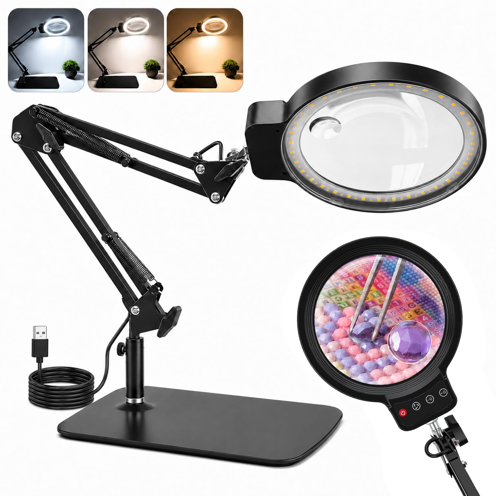 30X 10X Lente Ingrandimento con Luce e Supporto, Lampada d'Ingrandimento a LED con Morsetto e Base, 3 modalità di Colore e 10 Livelli di luminosità per Lettura, Riparazione, Lavoro Manuale