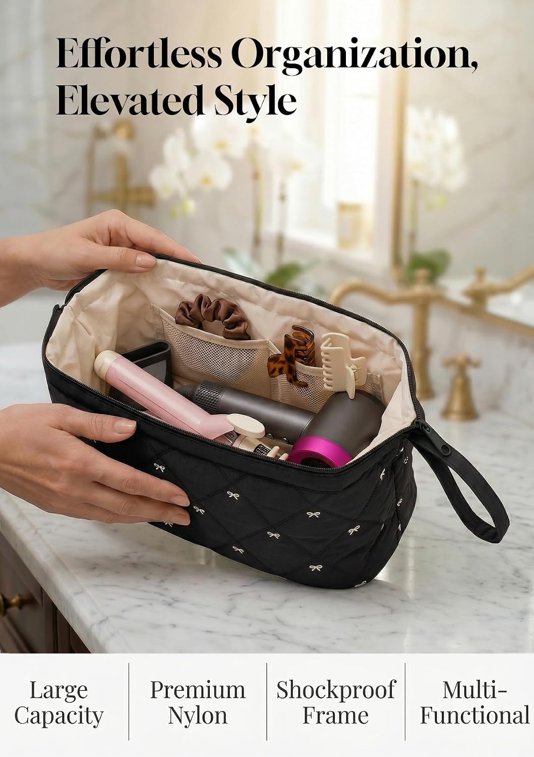TeeYee Hair Tool Bag Travel Cosmetic Pouch for Dyson Hair Dryer Bow Storage Case Curling Iron Organizer blackbow