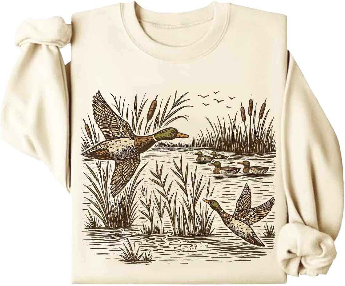 Retro Mallard Ducks Fall Pond Scene Sweatshirt Flying Mallard Duck Sweatshirt Duck Hunting Sweater