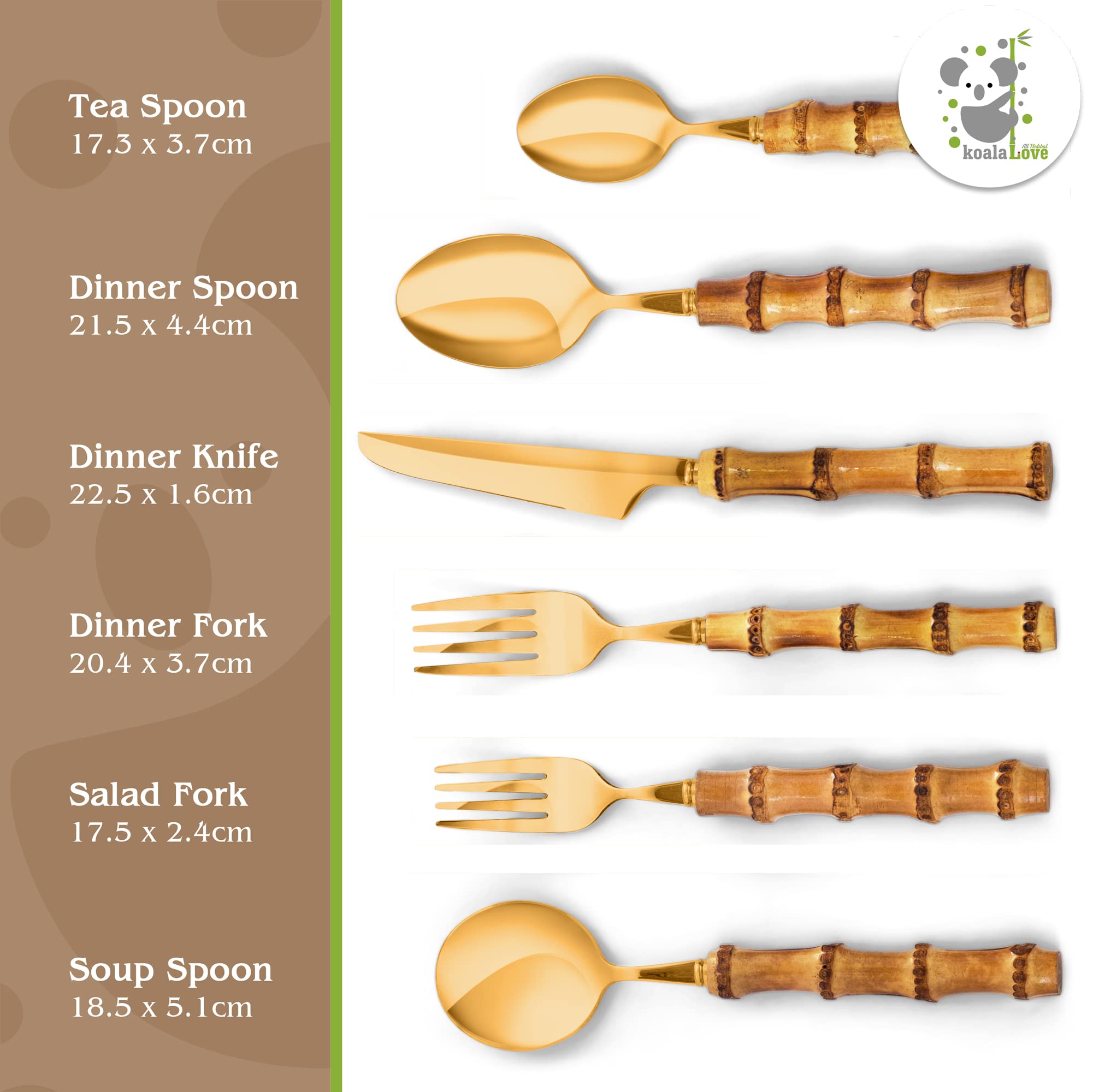 KoalaLove! - Set di posate in bambù, fatte a mano, 4 set, 24 pezzi, oro